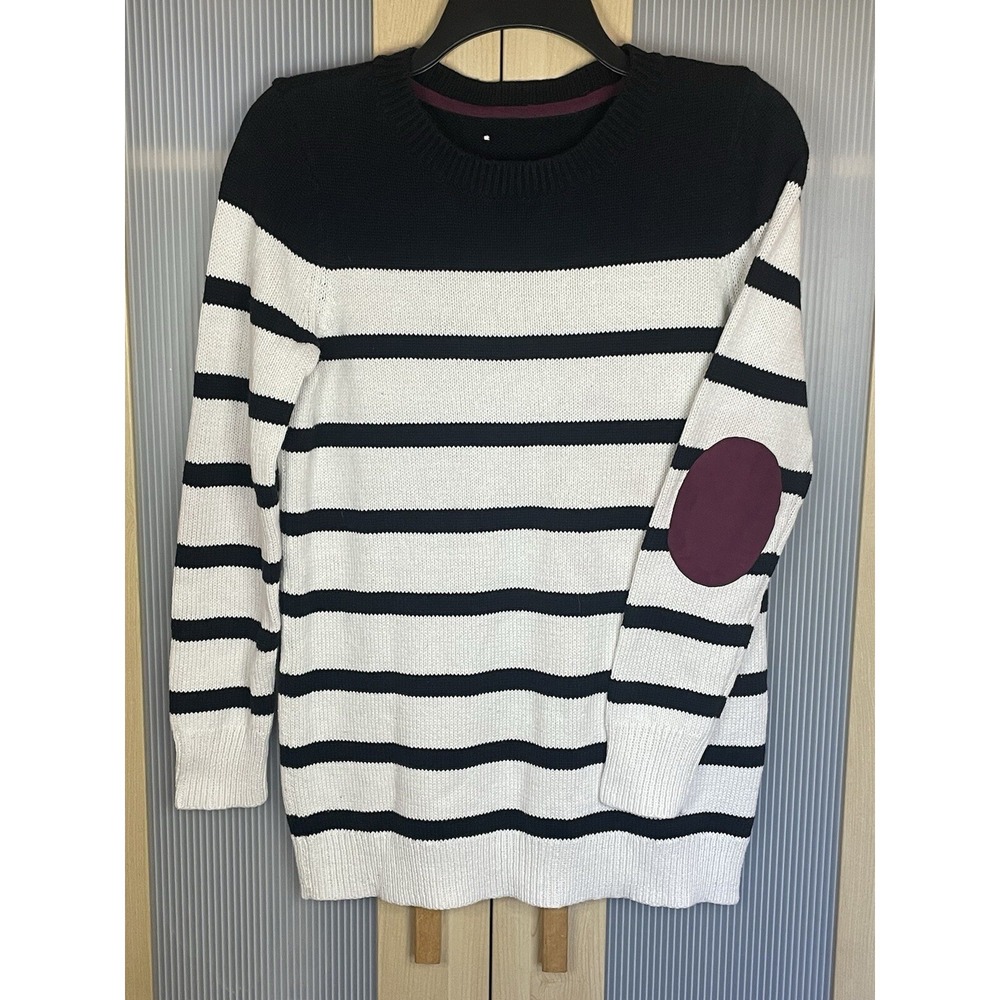White Black Striped Sweater Sz M Crew Neck long Sleeve Red Elbow Patches Preppy